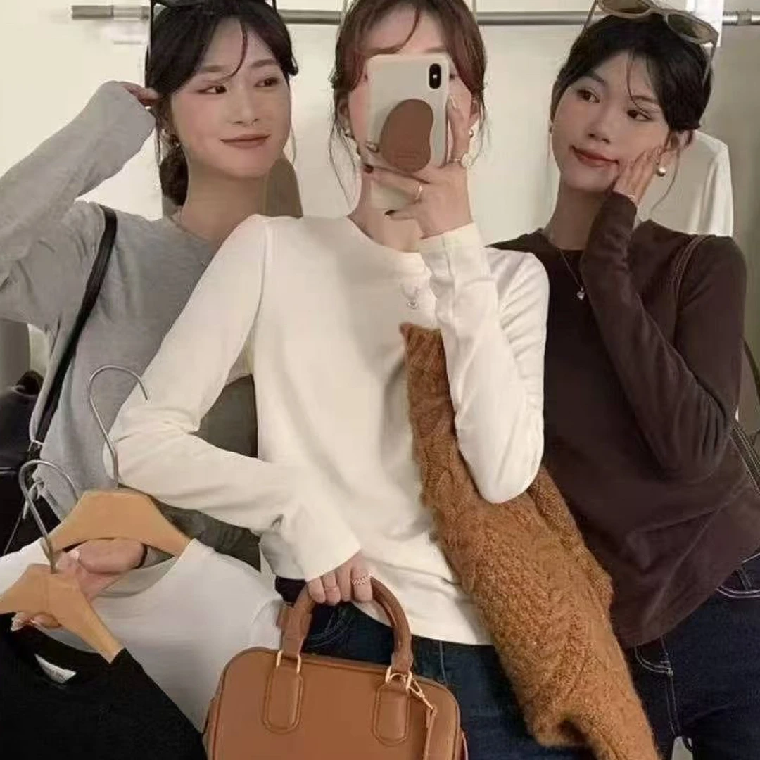 秋季新款时尚百搭正肩半高领磨毛T恤打底衫