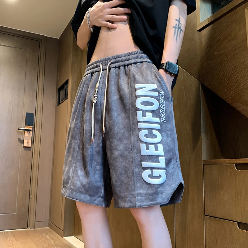 港风ins印花休闲短裤男夏季薄款美式潮流运动外穿宽松大码五分裤