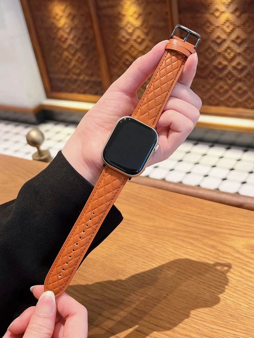 菱格纹超软真皮小香风手表带 适用于iwatch1-10代 se Ultra