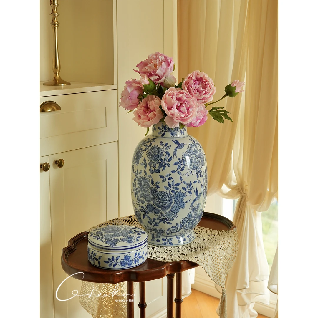 契阔家居  “锦绣纳福”大口径景德镇青花瓷陶瓷花瓶新中式玄关摆件