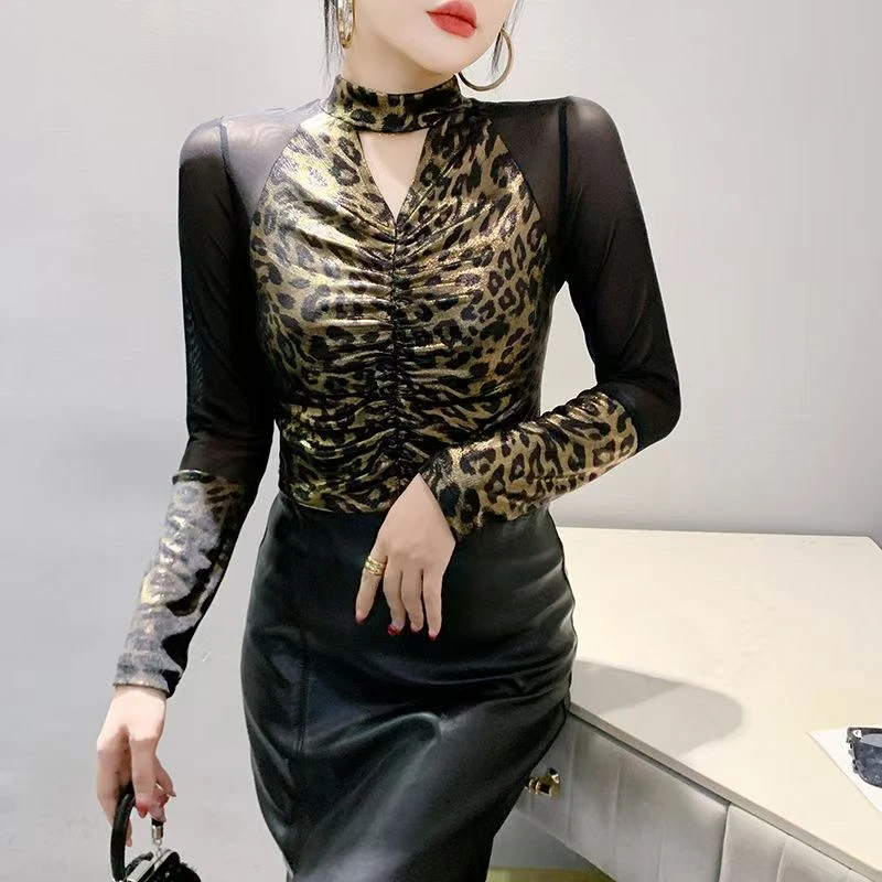 性感网纱拼接长袖T恤欧版时尚豹纹洋气上衣紧身内搭打底衫女