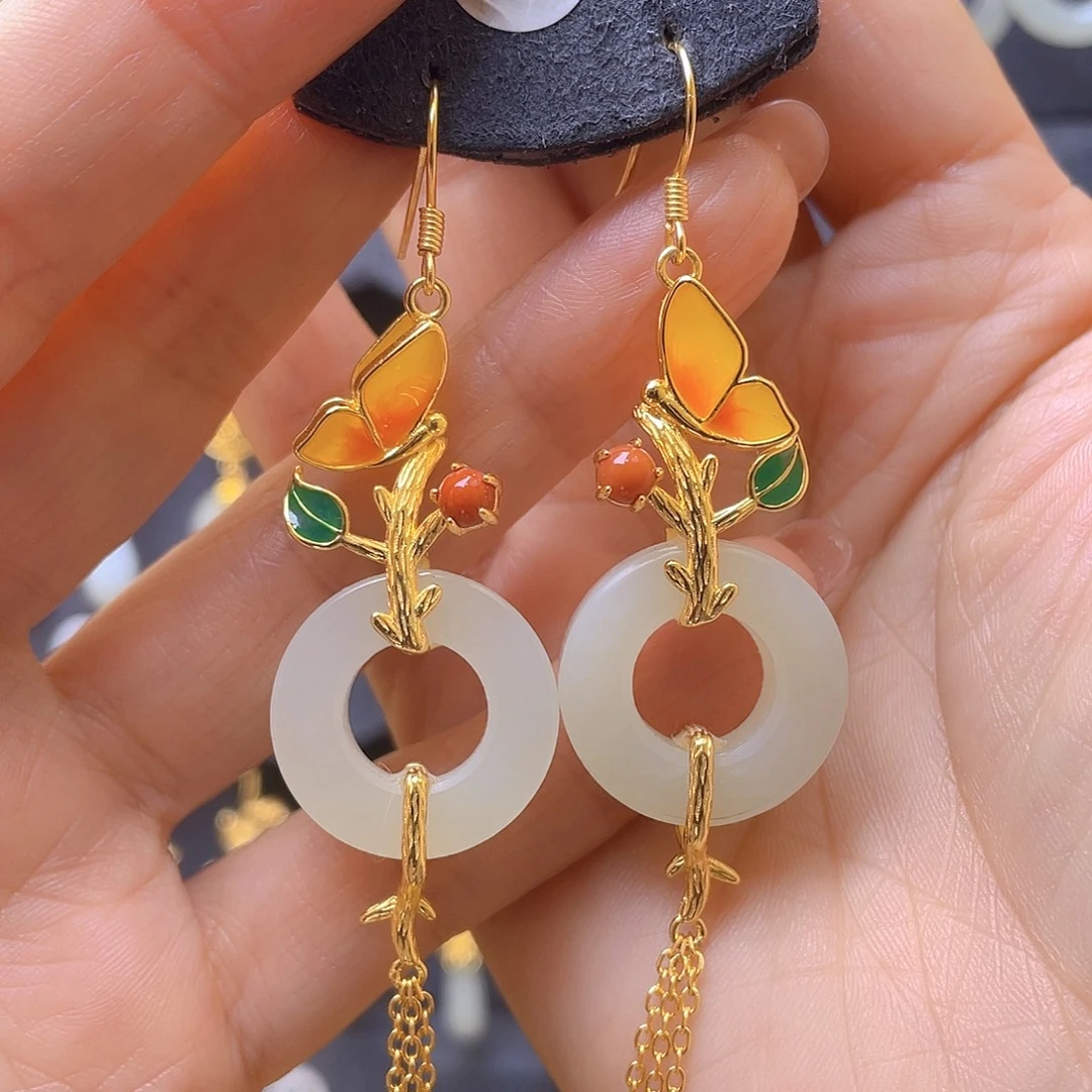 和田玉银S925镀金镶嵌耳饰