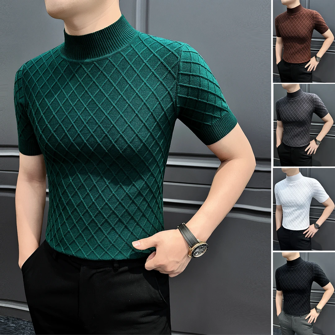 菱形格子半高领打底衫男款爆款2025新款冬季洋气短袖男士针织毛衣