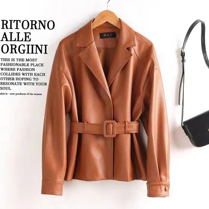 2025春秋新款海宁皮衣女短款绵羊皮系带宽松显瘦时尚小外套E-289#