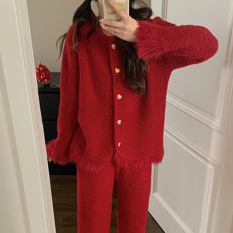 超柔软半边绒睡衣女圣诞红色新年新婚简约加厚保暖珊瑚绒家居服