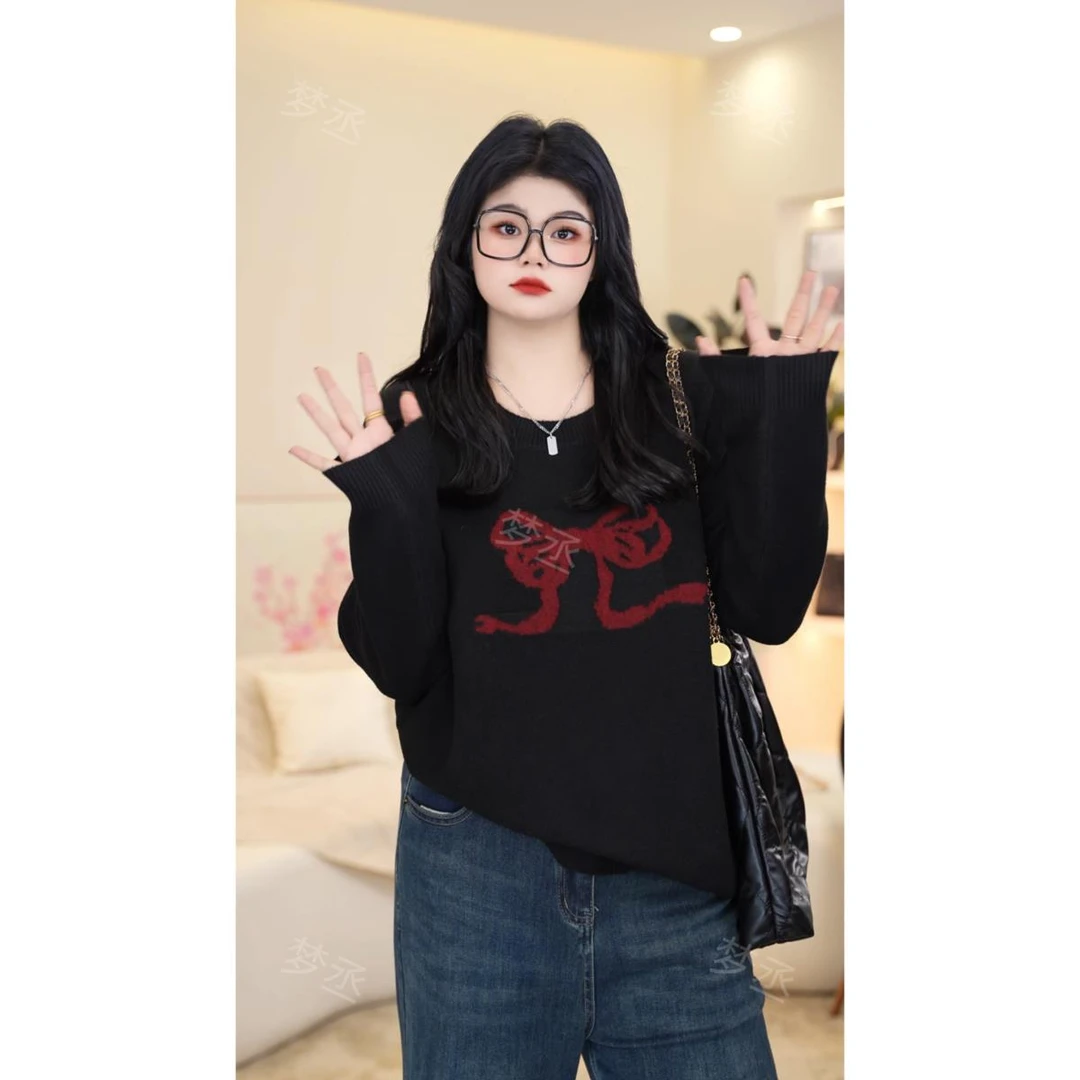 【小斑裳凤】【NO退NO换】大码女装宽松显瘦百搭圆领蝴蝶结针织长袖女