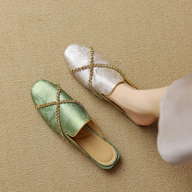 牛皮版包头鞋2025年中式拖鞋女夏季新款法式水钻真皮平底国风穆勒