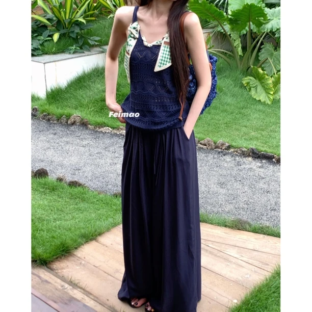 【赵小小&宁静的夏天】5053 拼接绑带宽松镂空针织吊带背心上衣