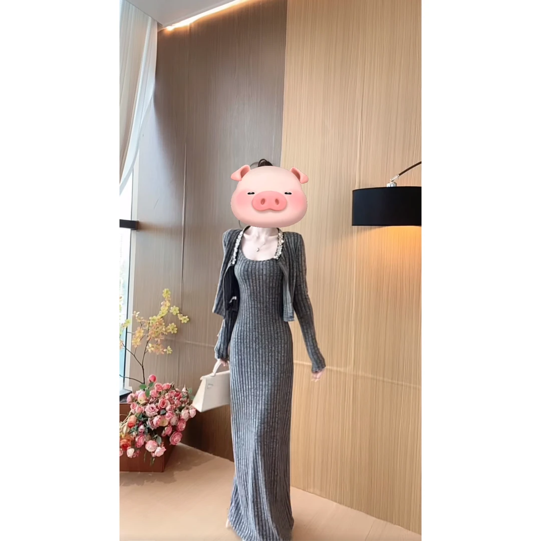 秋季显瘦重工亮片长袖外套吊带连衣裙长裙套装