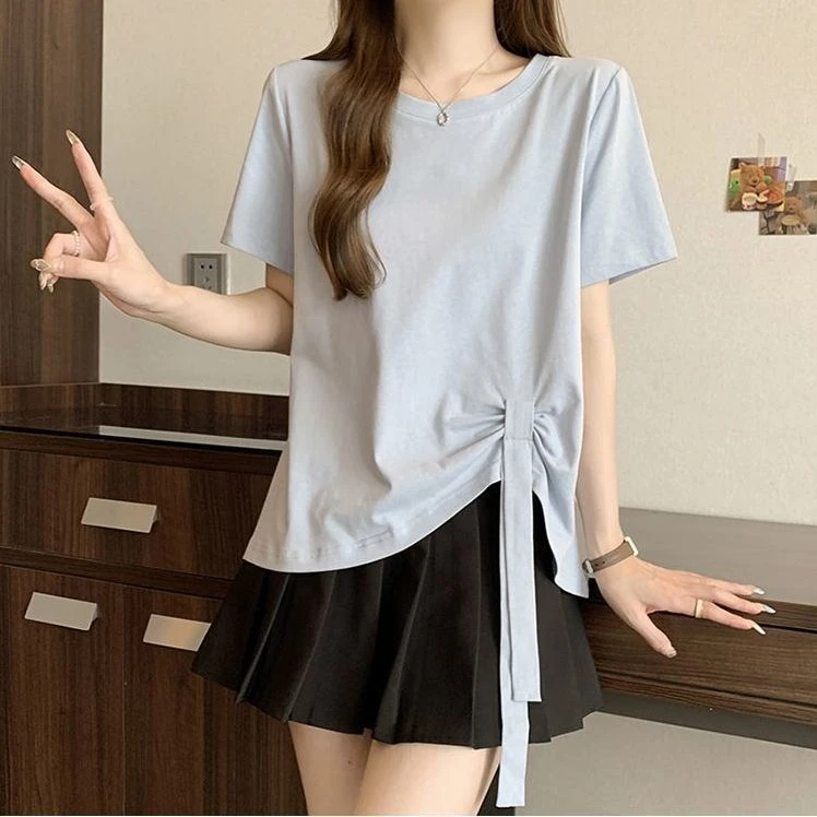 宽松大码胖mm遮肚显瘦短袖t恤夏季时尚系带设计女装体恤上衣200斤