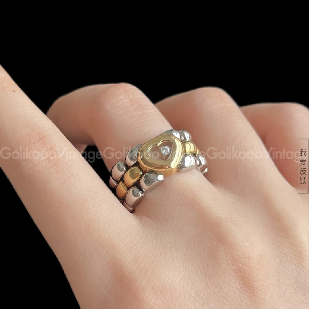 95新 Chopard/萧邦 爱心单钻金钢链条戒指53码 RB2502008