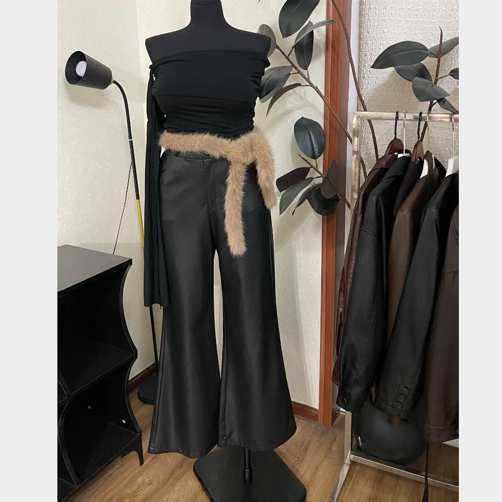 不吃小贝大码美式复古高级感朋克风高腰皮裤微喇加长带腰带黑色