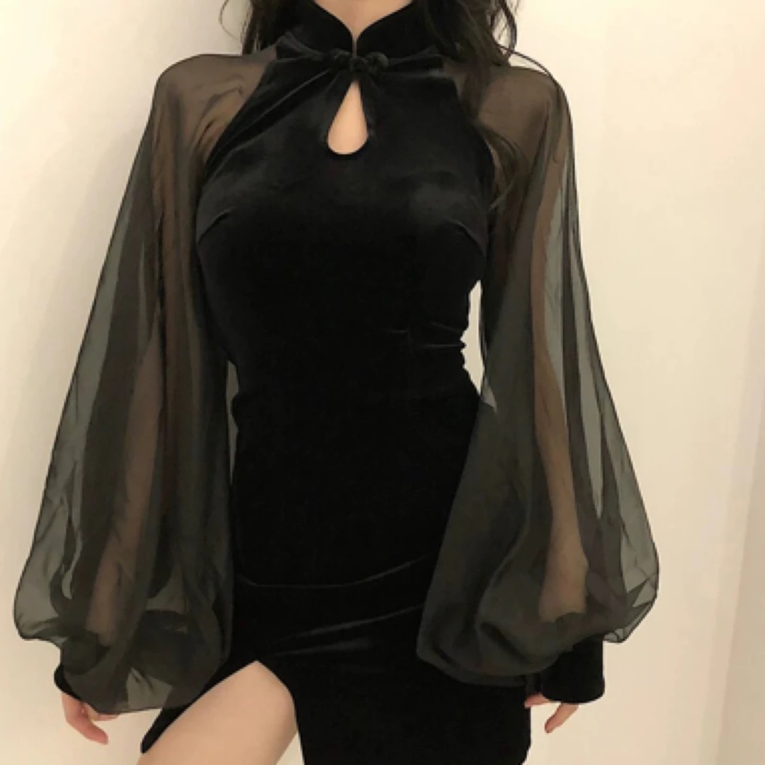 秋冬新品复古丝绒高腰显瘦连衣裙开叉性感雪纺拼接灯笼袖短裙旗袍