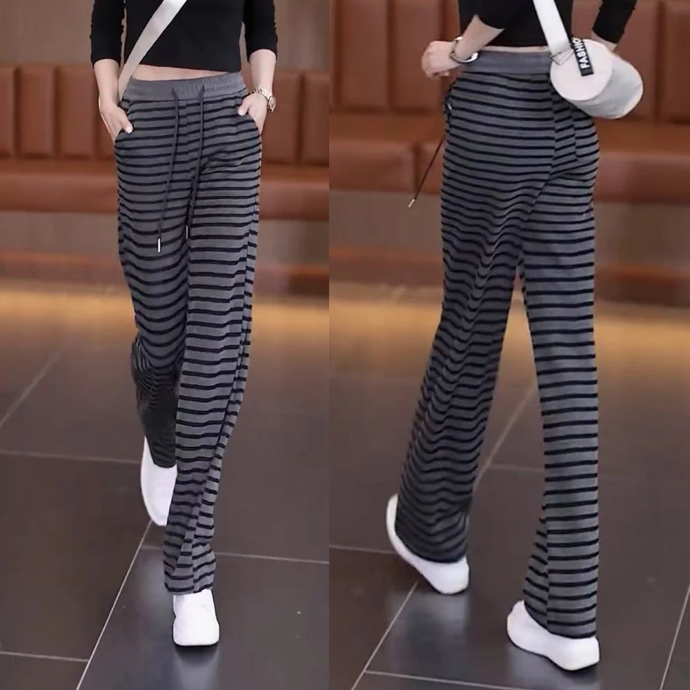 宽松高腰显瘦窄版阔腿裤2025早春休闲时尚条纹直筒裤新款百搭裤子