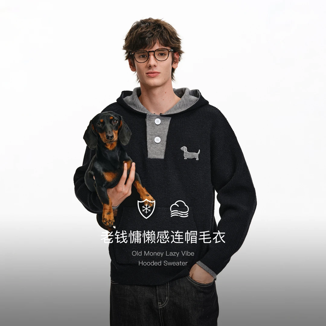 PCLP毛巾绣小狗连帽毛衣2025秋季新款潮牌纽扣宽松百搭外套上衣