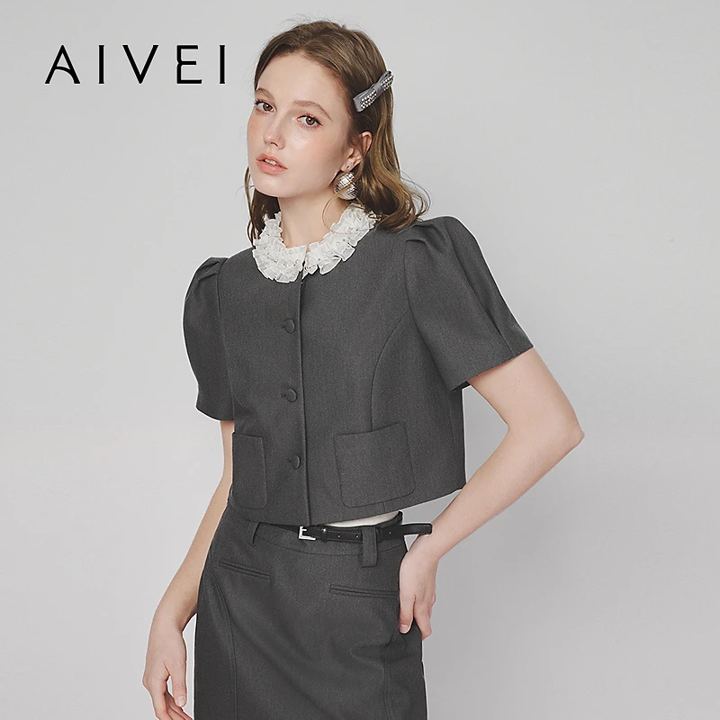 AIVEI欣贺艾薇春夏格雷系小个子富家千金小香短外套S715903B