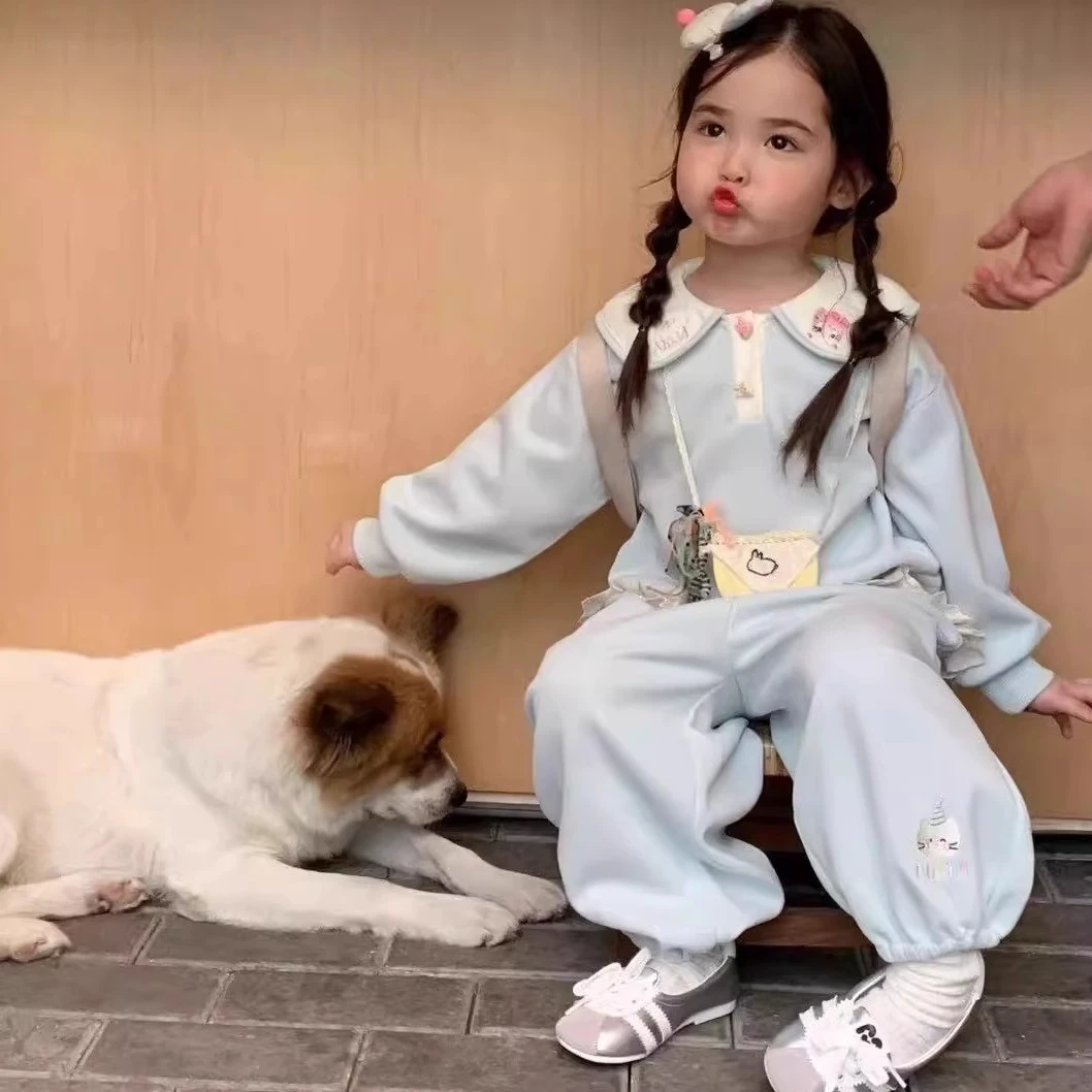 女童蓝色套装儿童春秋款卫衣卫裤两件套女宝韩版休闲秋装衣服童装