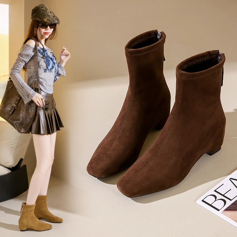 时尚加绒韩版复古绒面方头内增高短靴2025秋冬新款后拉链瘦瘦靴