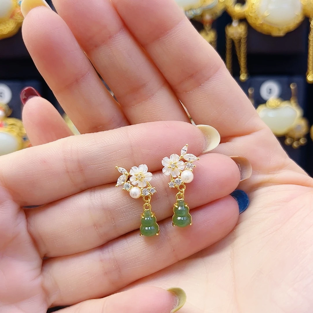 和田玉银S925镀金镶嵌耳饰