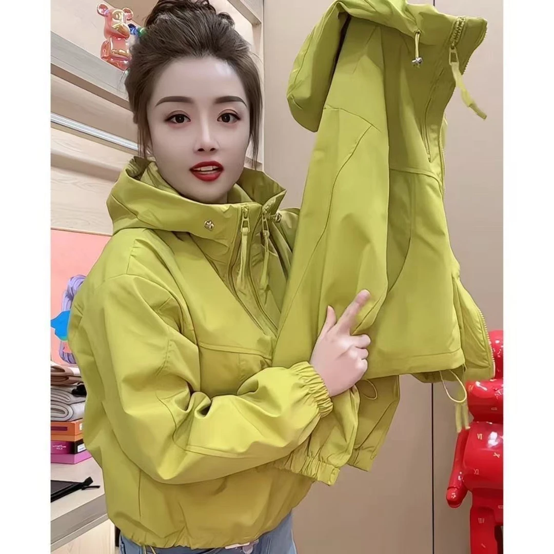 时尚连帽双拉链短款外套女2025春秋季新款韩版休闲宽松显瘦上衣潮