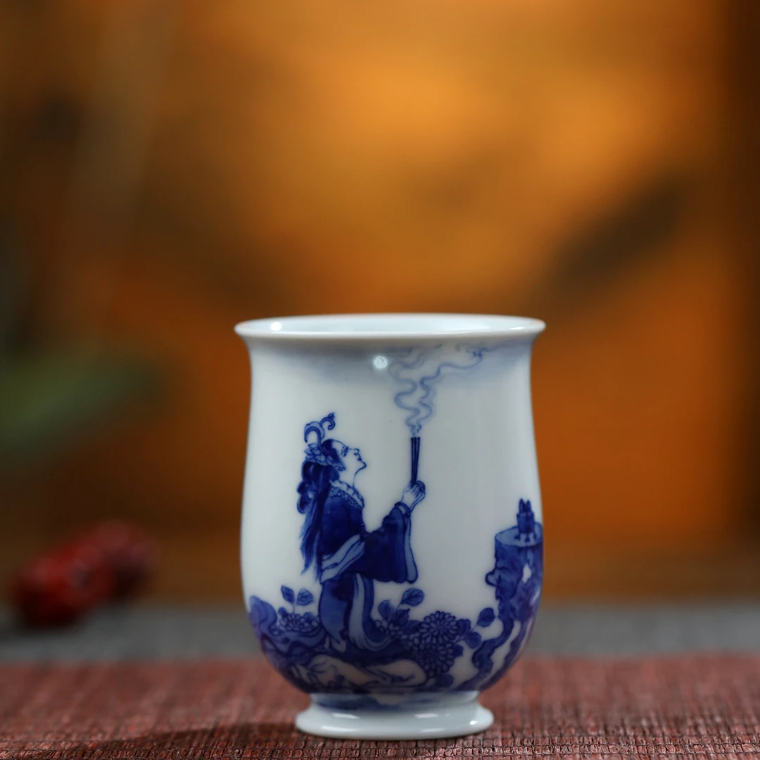 艺家仁清工陶瓷纯手工手绘貂蝉拜月闻香杯