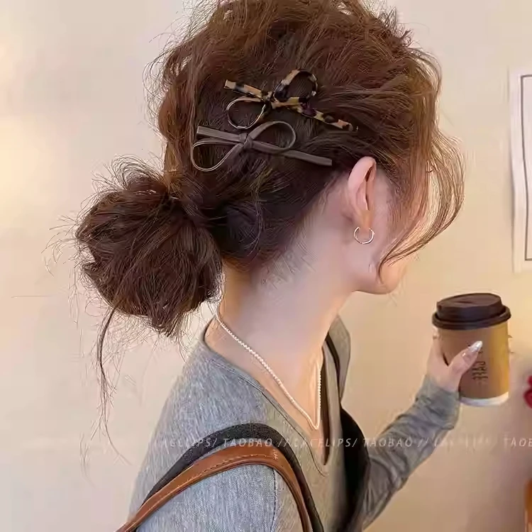 复古气质皮质蝴蝶结发夹女侧边刘海夹后脑勺发卡碎发鸭嘴夹子头饰