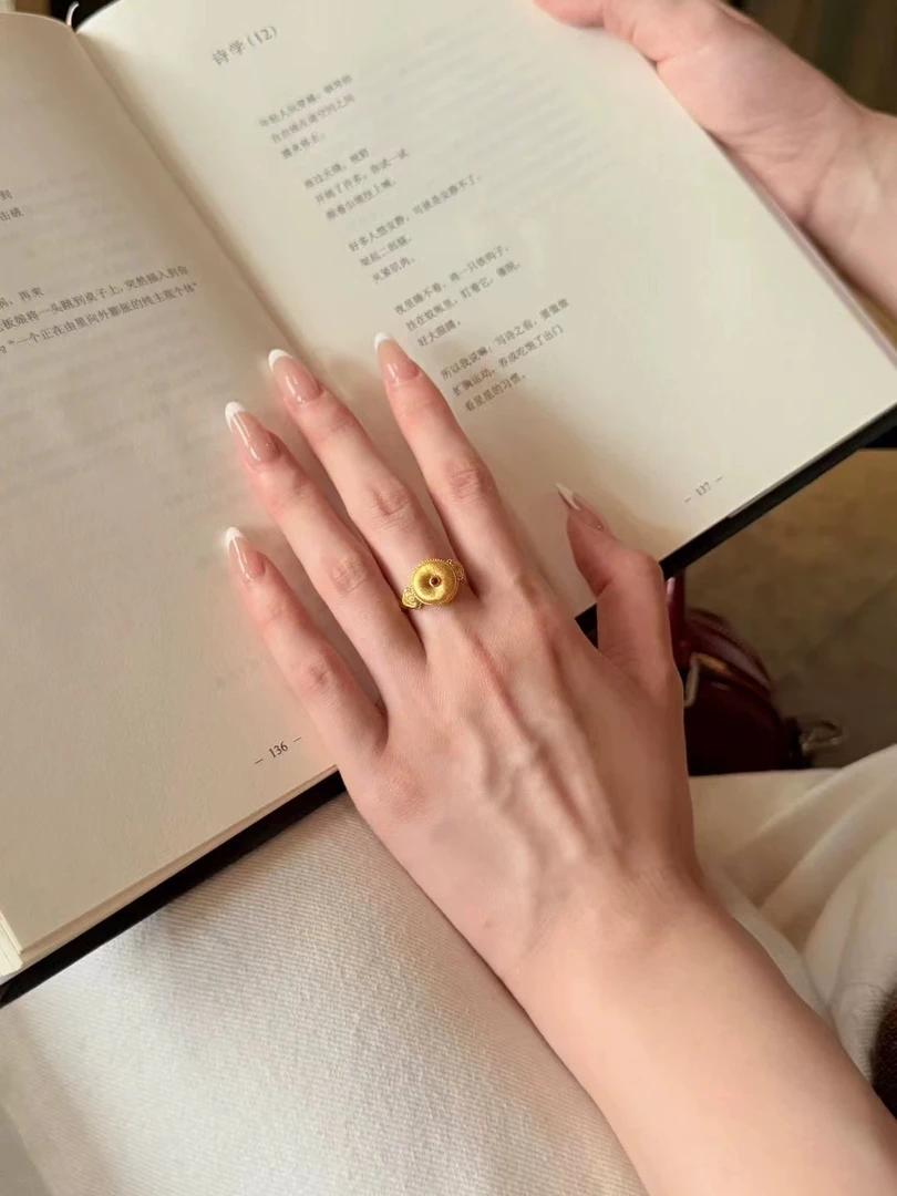 铜合金合成锆石戒指 D-79小众设计感拉丝平安扣精致百搭戒指