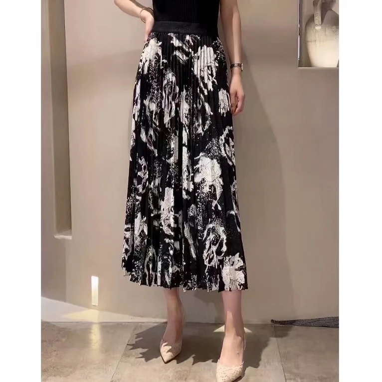 GIRDEAR/哥弟夏款水墨印花松紧腰细腻a字百褶半身裙女1200133短款