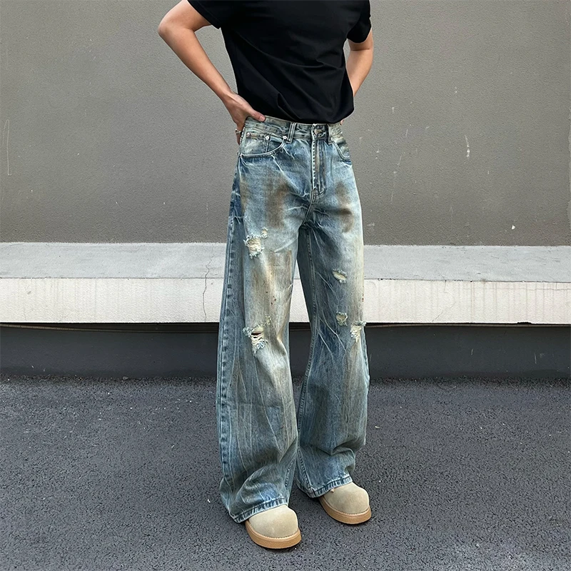 BLACKAT 美式复古水洗裂纹破洞牛仔裤男cleanfit宽松显瘦脏旧裤子