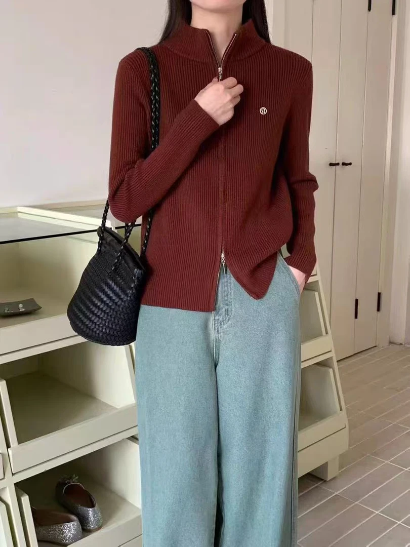 186#加绒双拉链立领针织外套开衫女打底外搭长袖上衣 约54