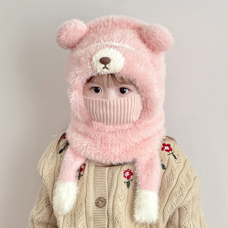 儿童秋冬季帽子围脖口罩一体帽三件套男女童捏会叫毛绒帽宝宝保暖