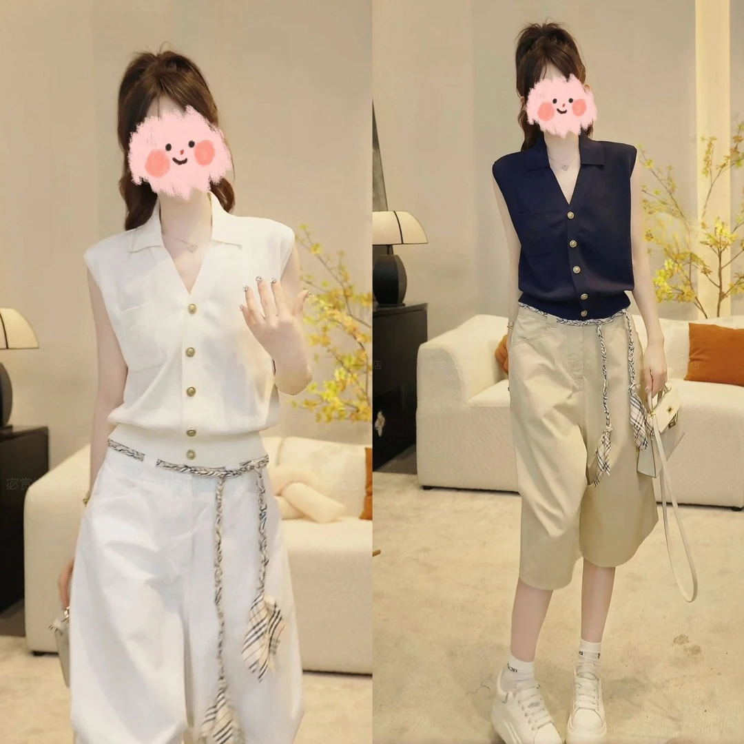 2025夏季设计师轻奢小香风针织马甲背心显瘦百搭七分休闲裤套装女