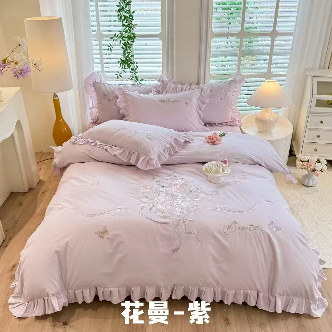 【晴美】韩版水洗刺绣四件套-花曼-紫