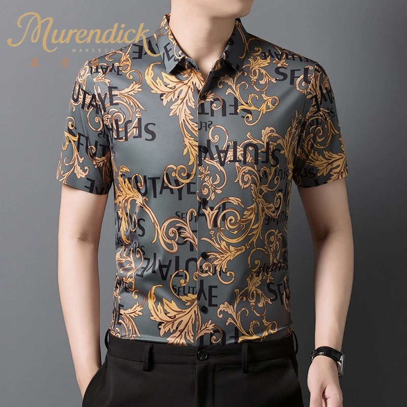 2025夏季薄款时尚男士短袖印花衬衫冰丝碎花百搭衬衣宽松男装时尚