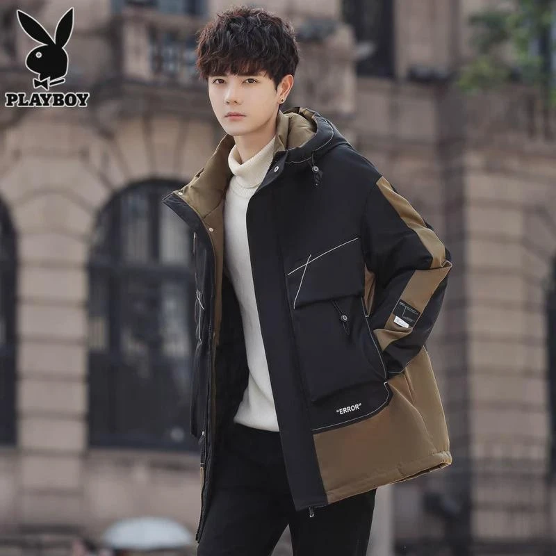 PLAYBOY花花公子男士休闲连帽潮流中长款加厚冬季加绒棉服保暖宽