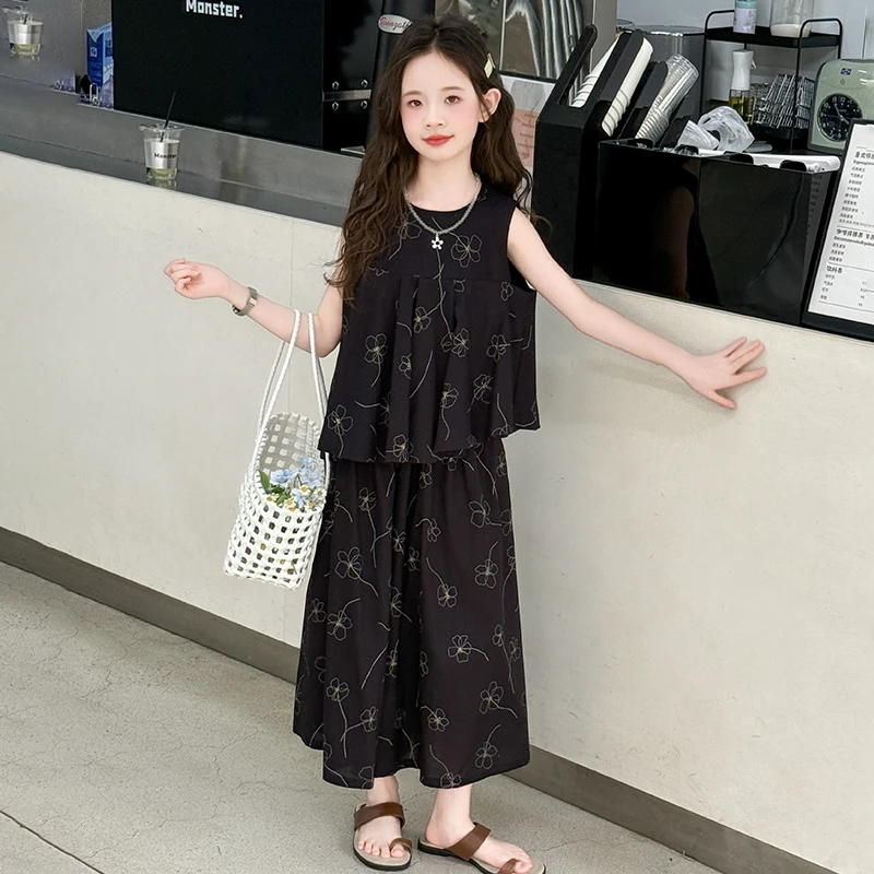 夏季女童休闲套装碎花套头女孩时尚无袖背心裤子网红2025夏季夏装