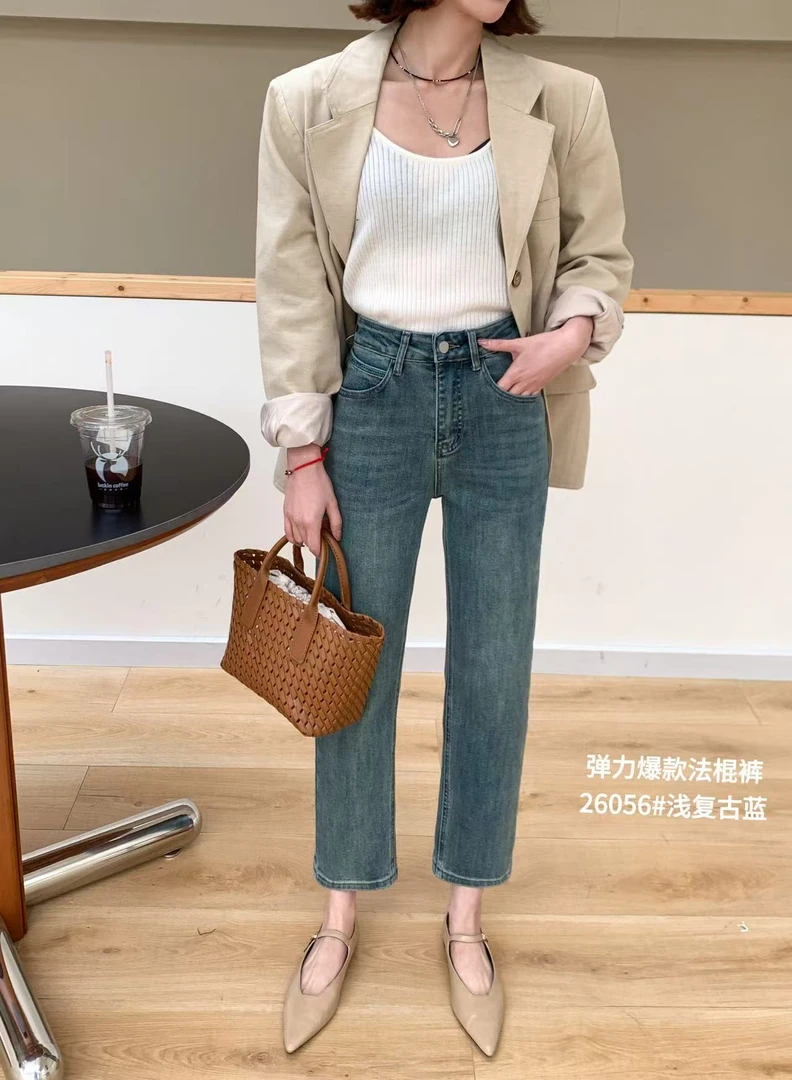 26056 显瘦弹力九分复古蓝色春季新款烟管裤