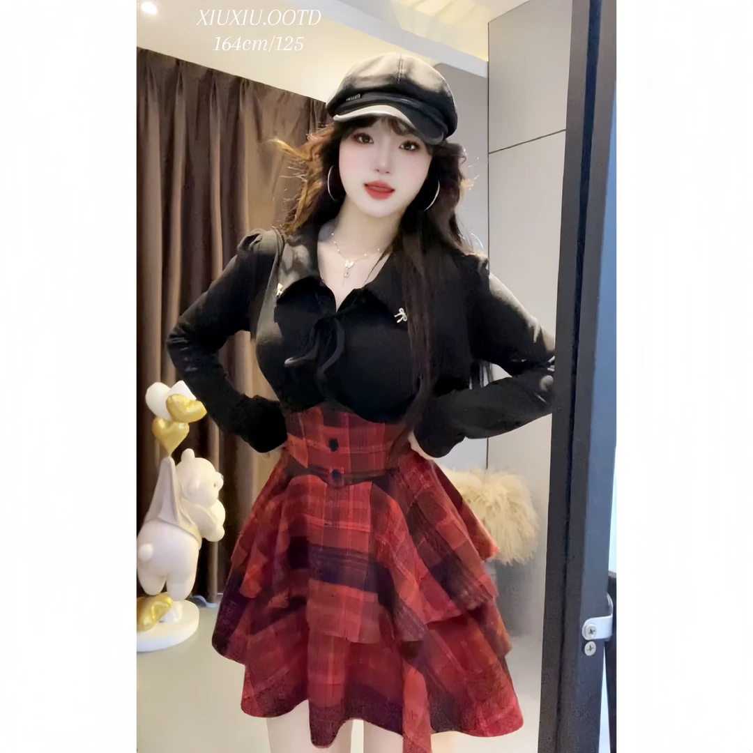 【冬日限定】7617微胖mm女纯欲针织衫圣诞上衣打底衫高腰裙子套装