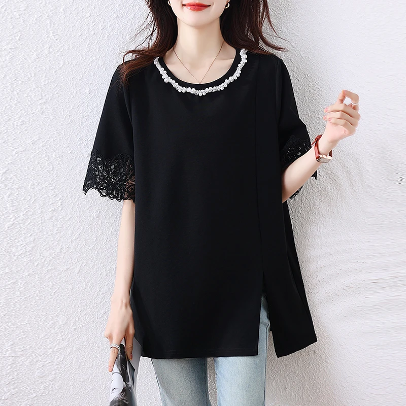 大码女装2025夏季新款休闲遮肉显瘦宽松重工钉珠下摆开叉短袖T恤