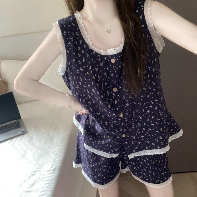 【带胸垫一体】小碎花睡衣女夏季2025新款云朵棉背心短裤家居服套装