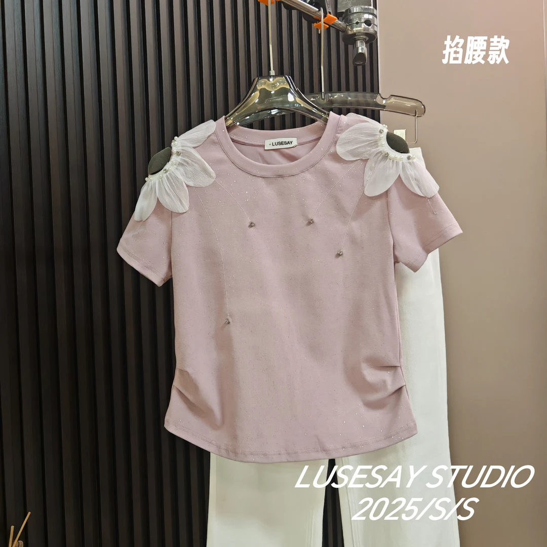 LUSESAY 露肩花朵珠钻刺绣 夏季2025新款短袖t恤女百搭显瘦上衣