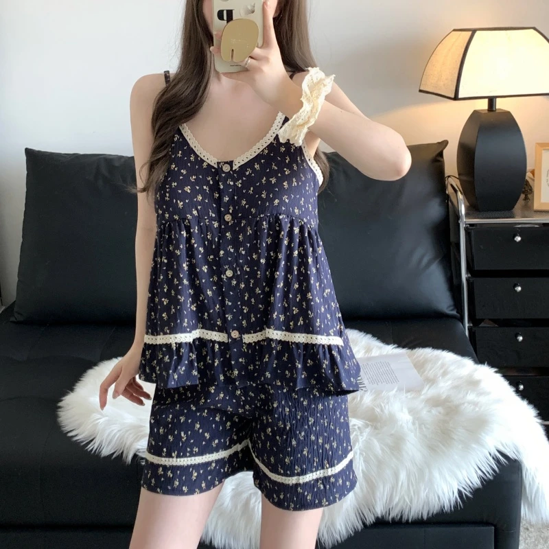 薄款夏天甜美性感风家居服套装少女短裤睡衣带胸垫夏季云朵棉睡衣
