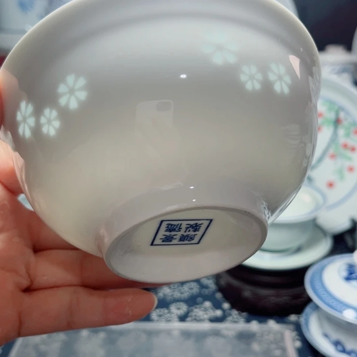 青花玲珑5寸饭碗三星花素玲珑