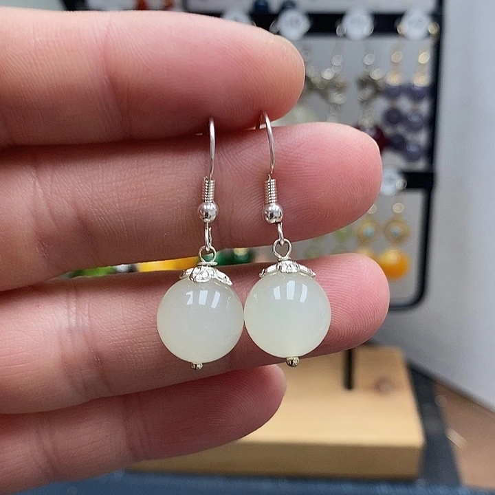 和田玉银S925镶嵌耳饰尺寸12mm