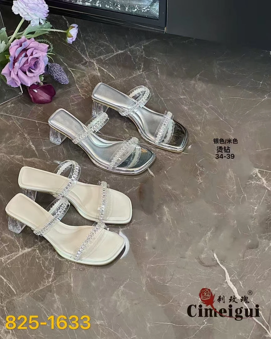 仙女风气质日常高跟夏季百搭网红粗跟纯色时尚水钻女鞋一字拖