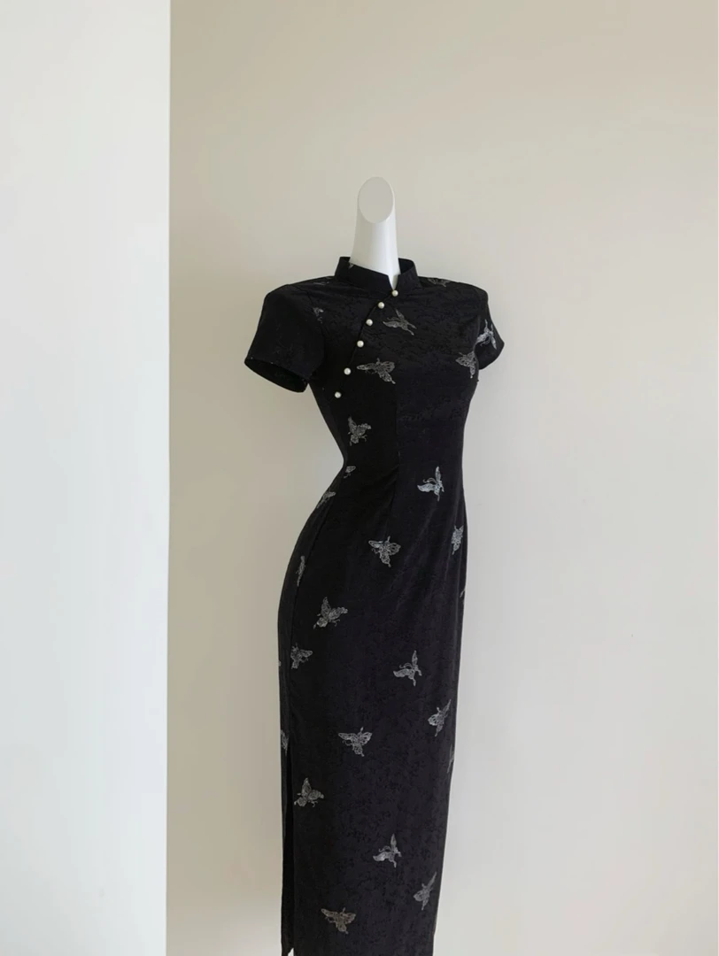 【墨蝶2.0短袖版】新中式蝴蝶旗袍国风黑色提花夏季连衣裙高开叉