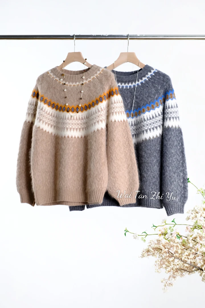 【慵懒氛围】进口山羊绒费尔岛明星同款圆领简约大气百搭时尚毛衣