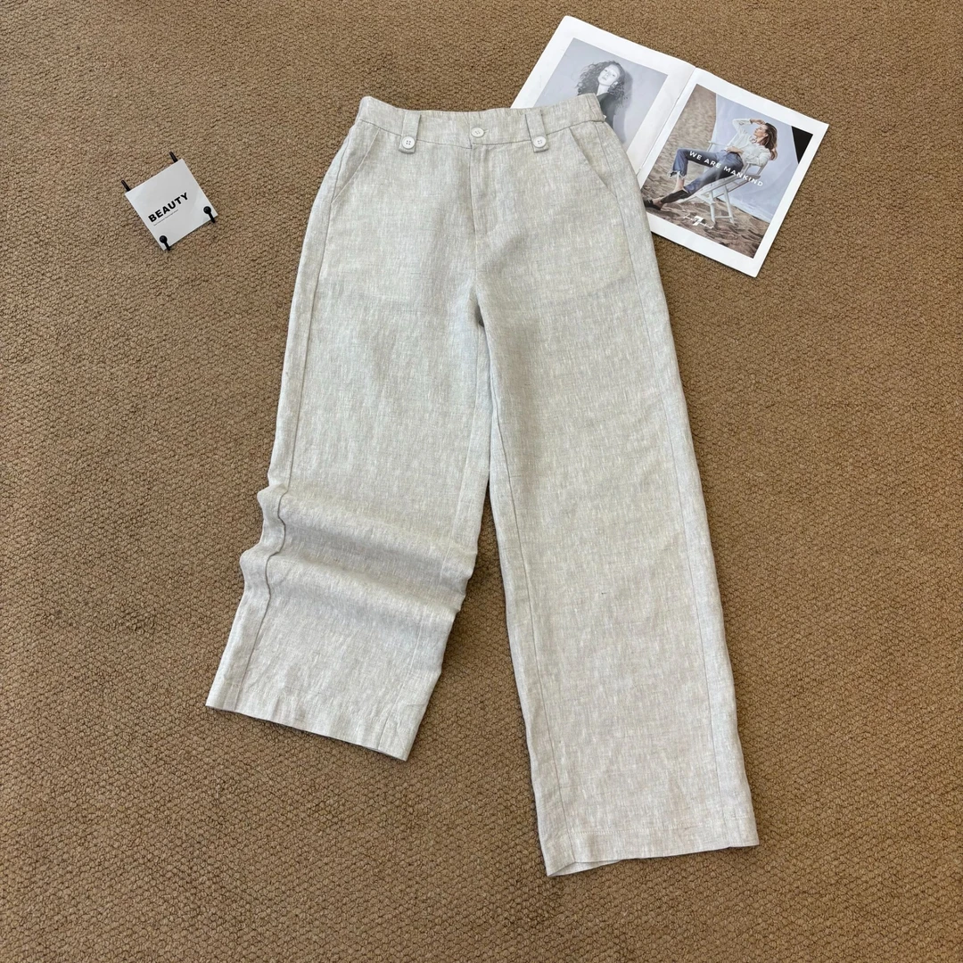 【欧加粒粒】穿了上瘾100亚麻舒适透气显瘦薄款半松紧腰直筒裤 N453