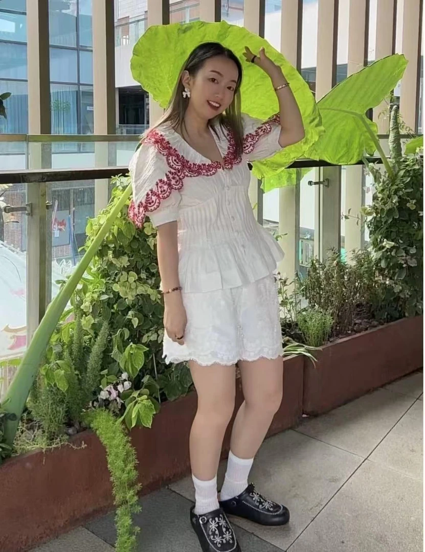 DAMSON MADDER  刺绣花边领衬衫短袖