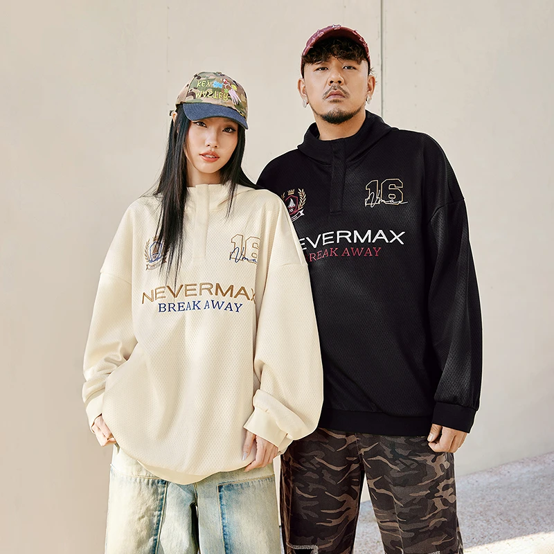 NMAX大码潮牌男装25年春美式透气网眼上衣复古刺绣连帽卫衣FNA003